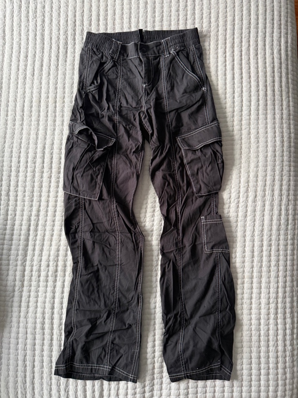 Divided Black Cargo Pants with White Contrast Stitching